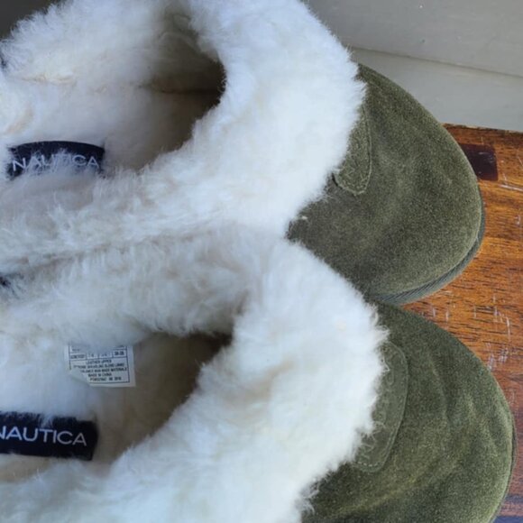 Nautica Gray Suede Off White Faux Shearling Scuffs size 7-8 - Picture 6 of 7